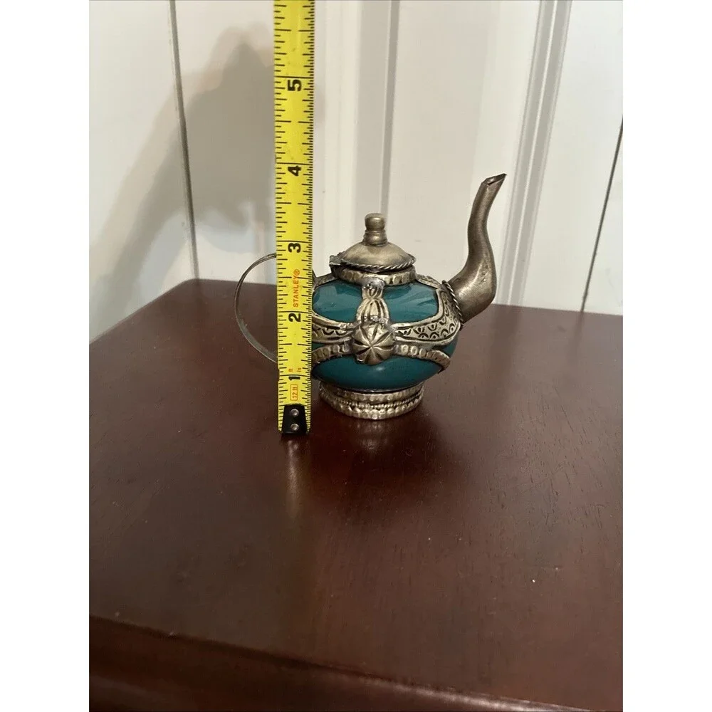 Vintage Moroccan Miniature Teapot Teal Ceramic Silver Metal Filigree Decorative